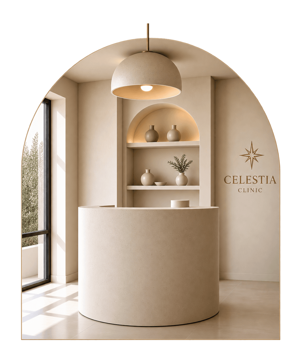 De ontvangstruimte van Celestia Clinic in Honselersdijk met het logo aan de wand